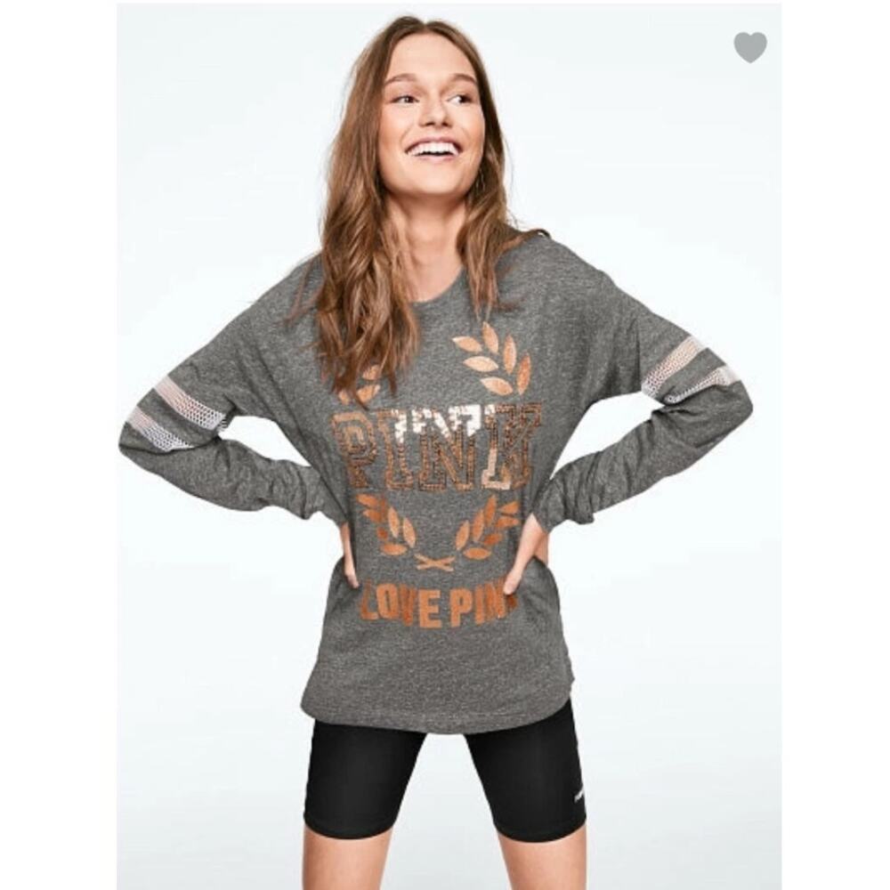 Victoria's Secret PINK T-Shirt NWOT Varsity Long Sleeve Sequins Gray M
